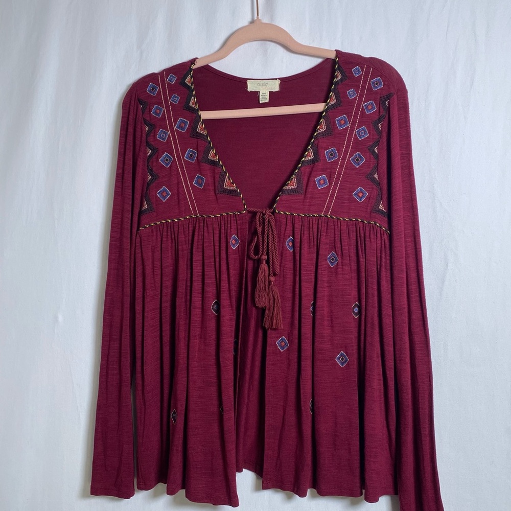 Embroidered Burgundy Boho Cardigan